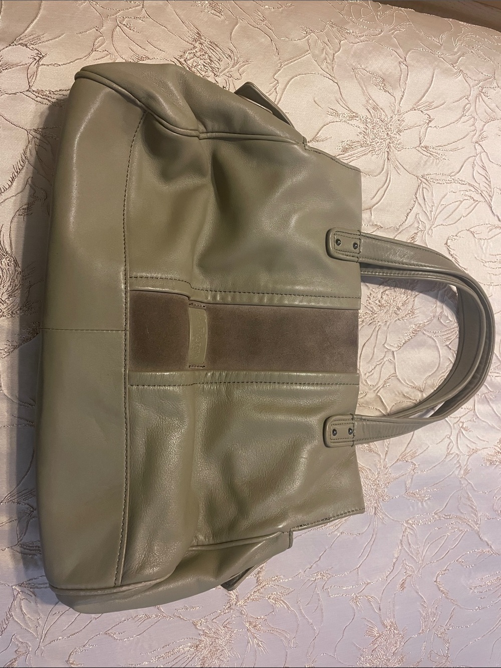 Cole Haan Olive Green Leather Tote with Suede Accent